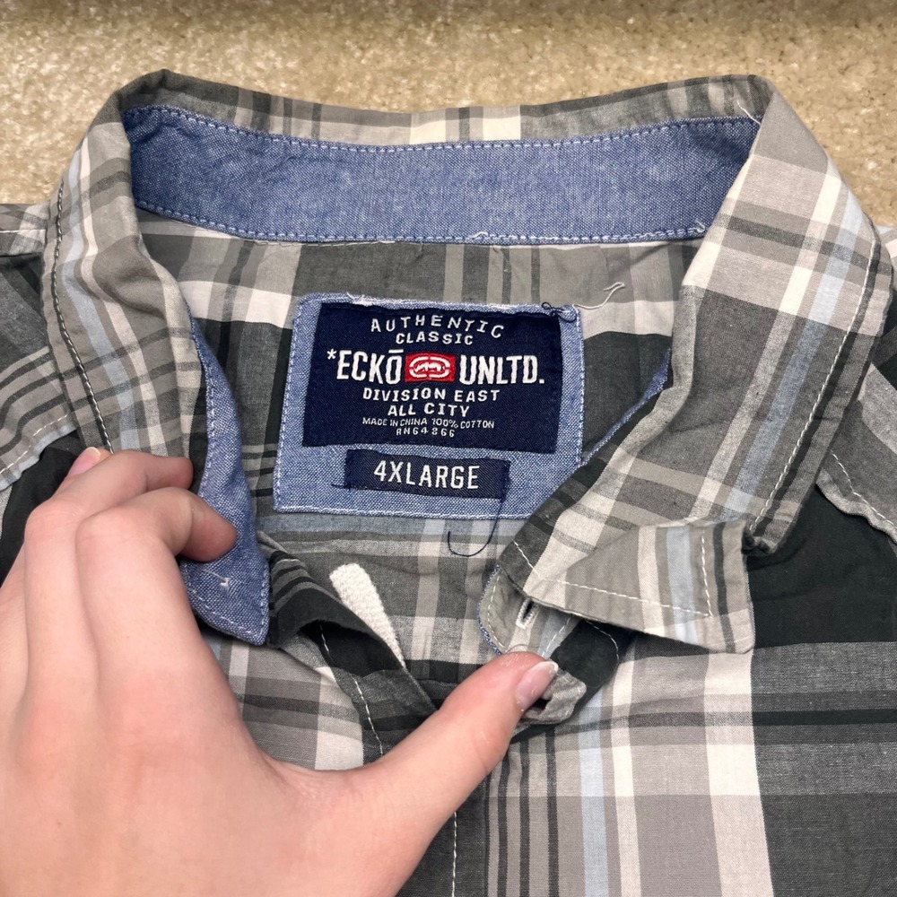 Ecko Unltd Mens 4XL Plaid Button Down Shirt Grey Black Long Sleeve Back Logo Y2K - Picture 3 of 9